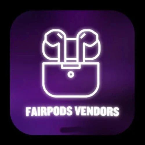 Neon-style logo of earbuds on a purple background with 'FAIRPODS VENDORS' text.