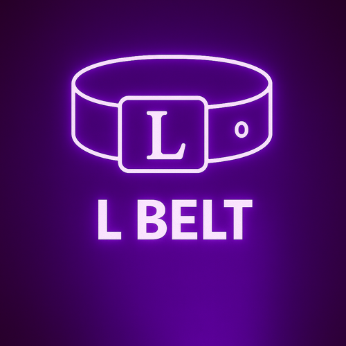 Neon-style belt with 'L' logo on a dark purple background