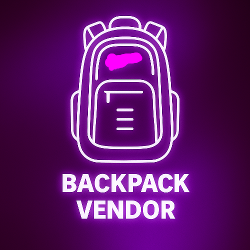 Neon backpack icon with 'Backpack Vendor' text on a purple background